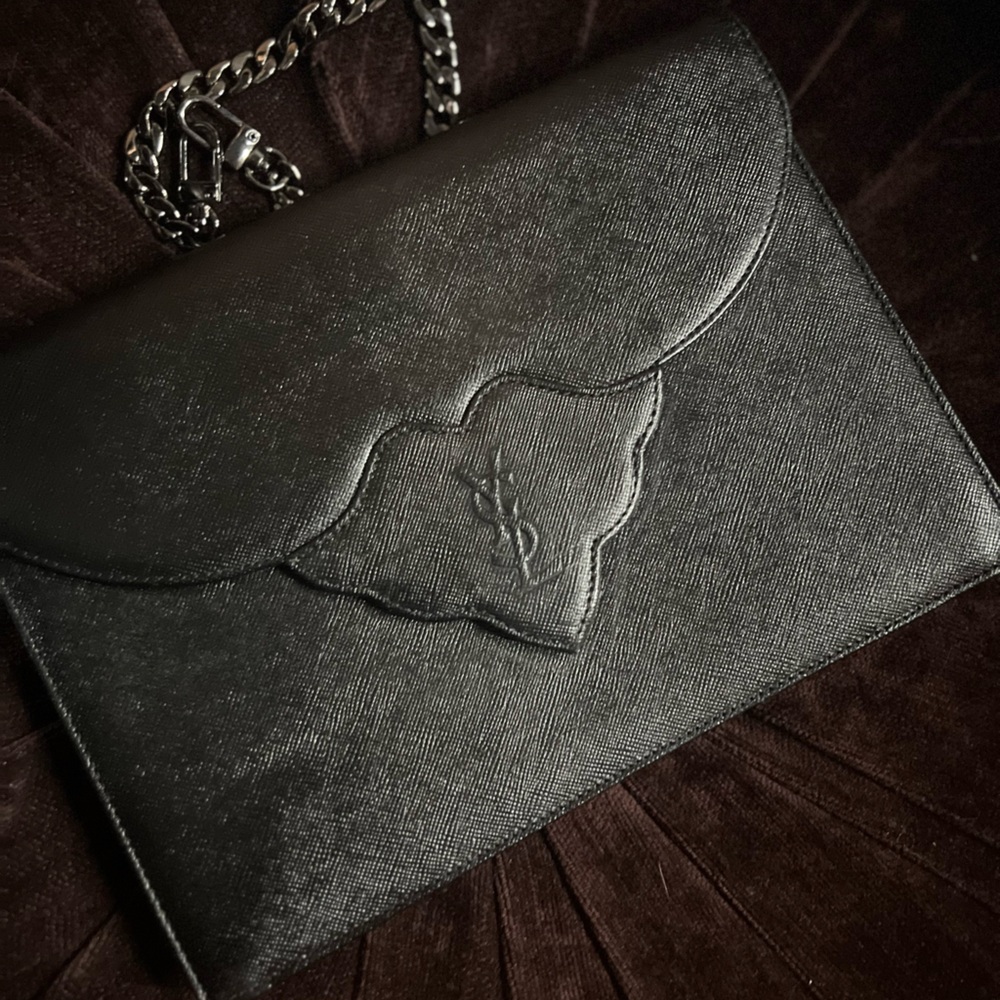 Yves Saint Laurent Vintage Black Saffiano Leather Clutch with Unbranded Chain